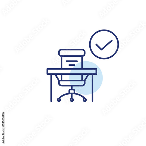 Work desk with computer chair and checkmark. Organised workspace, completed tasks. Pixel perfect, editable stroke vector icon