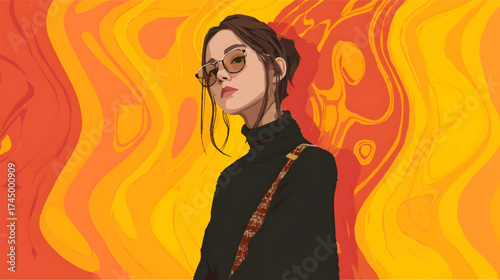 Abstract illustration of a woman with long hair against a colorful, wavy background.