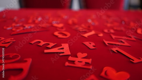 Scattered red alphabet letters on a red surface with shallow depth of field