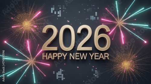 Cyber-themed 2026 new year card with metallic gold 3D text, neon data burst fireworks and digital dark background