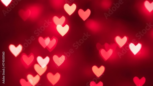 Soft focus red heart shaped bokeh lights background for romance and love