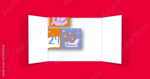 Christmas advent door opens with cute Christmas ornaments and numbers of December. On Christmas Day, doors swing open, revealing green screen for greetings. 4K video animation