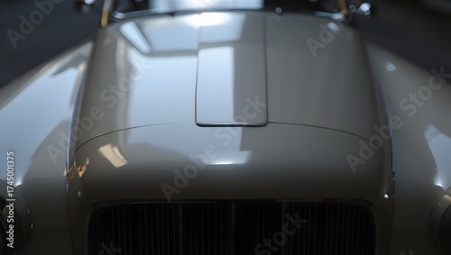 Close up of a shiny silver car hood with reflections
