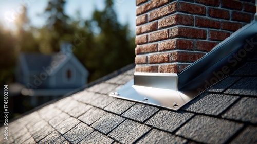 Chimney Stack and Asphalt Shingles on Residential Roof, Construction Detail, Exterior View, Sunny Day