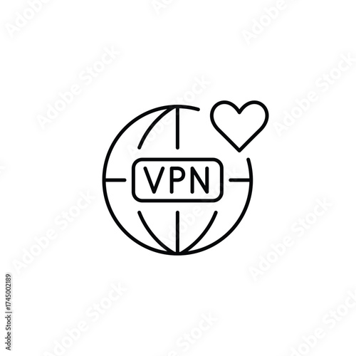 VPN, globe and heart. Secure and trusted services, protected connection. Pixel perfect, editable stroke vector icon