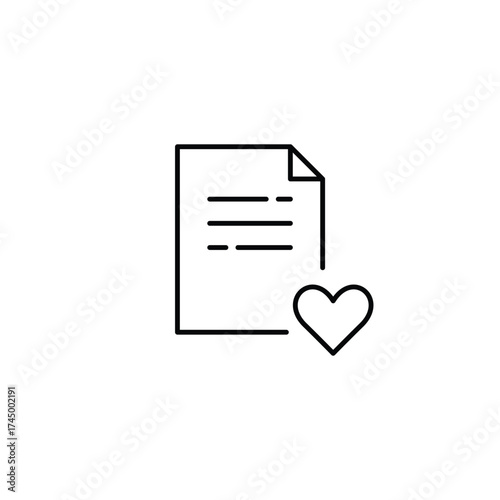 Text document and heart. Digital notes, add file to favorites. Secure file connection. Pixel perfect, editable stroke vector icon