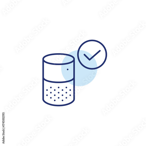 Smart speaker and checkmark. Verified device, home and voice assistant. Pixel perfect, editable stroke vector icon