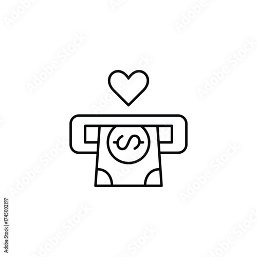 Dollar bill in ATM slot and heart. Secure banking, caring finances. Pixel perfect, editable stroke vector icon