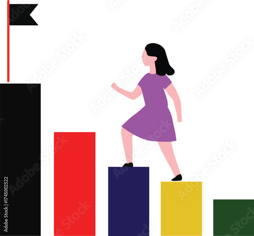 woman climbing bar chart toward goal, achievement, progress, career growth, determination, success journey, business concept, modern design, symbolic art