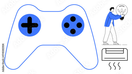 Gaming controller with plus and circle buttons, a person holding a glowing bulb, and an HVAC unit. Ideal for gaming, creativity, innovation, technology, climate control, entertainment and modern