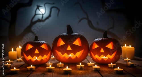 Three carved jack o lantern pumpkins glowing in dark night, banner template for Halloween spooky decoration party invitations and festive holiday promotions with copyspace.
