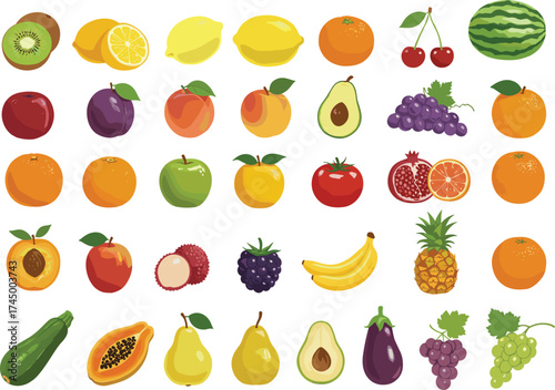 Cartoon fruit collection, colorful grid illustration, tropical and exotic fruits, educational design, healthy food drawing, vector art, nature elements
