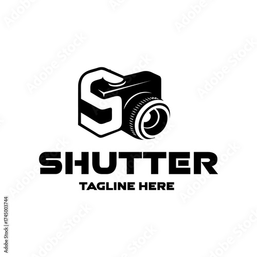SHUTTER Logo – Stylized Camera with S-Shaped Body and Shutter Lens for Photography Studio Branding, Media Production, and Creative Visual Identity Design