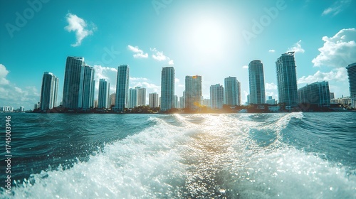 Miami skyline view from a boat on a sunny day