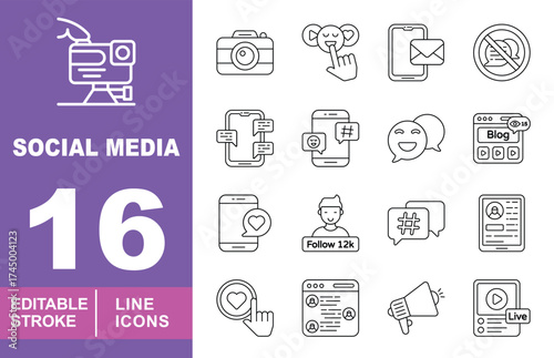 Social set of web icons in line style. Containing Camera, Finger, Phone, Block, Bubble, Blog, Follower, Hashtag, Tablet, Browser, Megaphone, Live and more. Editable stroke icons collection.