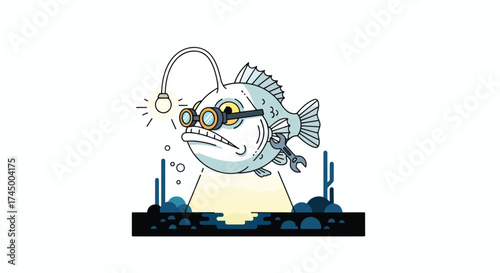 Anglerfish wearing glasses and holding a glowing lure.