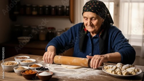 Elderly woman rolling dough with a wooden pin surrounded by ingredients