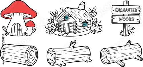 Cartoon mushroom house, enchanted forest cabin, wooden signpost, fantasy woodland logs, nature illustration, magical scenery, children’s storybook background