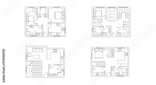 Set of four house floor plans in simple black outline vector illustration, white background