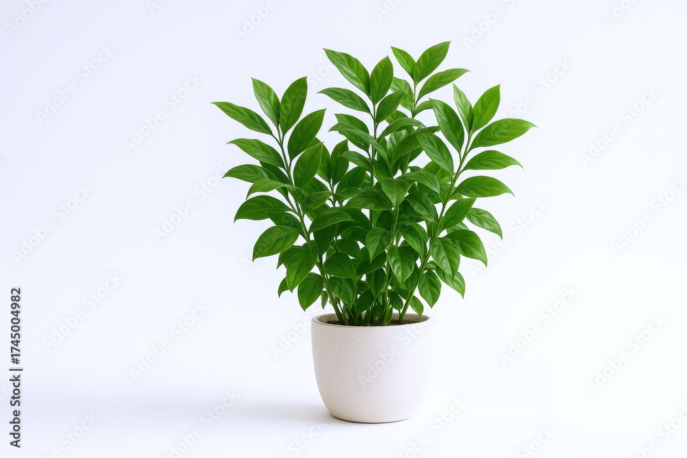 Fototapeta premium Zanzibar Gem Plant in Pot: Fresh Green Leaves Against a White Background
