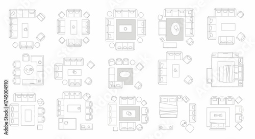Furniture arrangement plan showing an overhead view of multiple sofa, chairs, and bed configurations, white background