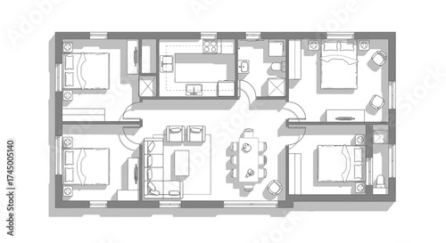 Architectural plan with furniture arrangement, showcasing sofas, beds, tables and kitchen top view, white background