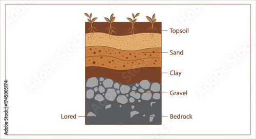 Vector illustration of soil layers, showing different strata of rock, sand and clay, white background