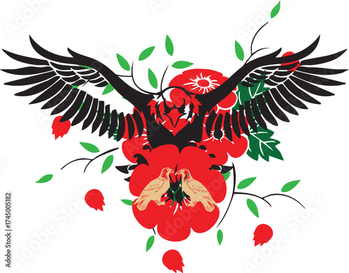 Black Eagle with Red Flowers and Green Leaves Vector Illustration