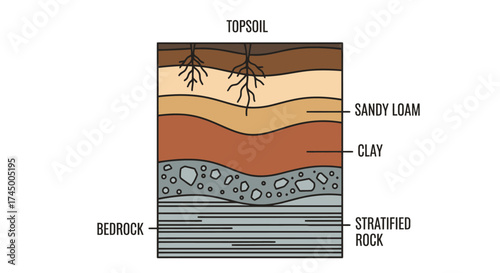 Vector illustration of soil layers, showing different strata of rock, sand and clay, white background