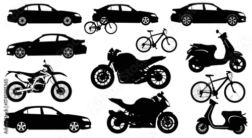 Transportation vector silhouettes featuring cars, bikes, motorcycles and scooters, white background
