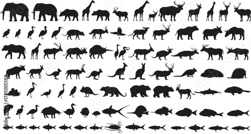 Animal silhouettes collection, wildlife vector set, diverse species icons, forest and marine life artwork, black animal graphics, biodiversity illustration