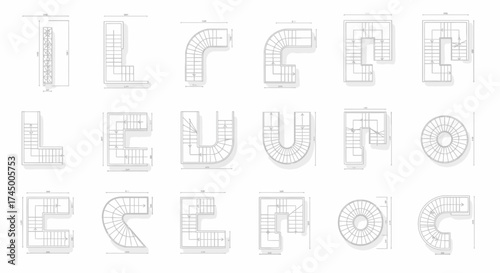 Collection of schematic staircase layouts and designs for architectural plans, white background