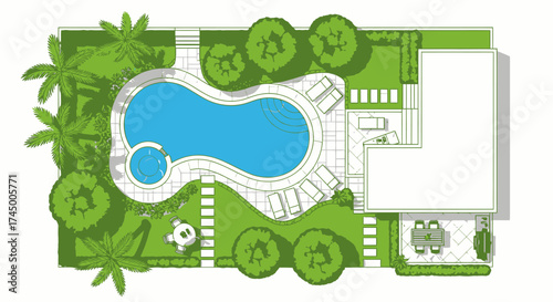 A vector illustration of a residential landscape design featuring pools, trees and architectural elements, presented in a top-down view, white background