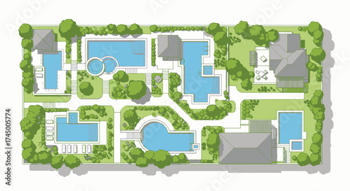A vector illustration of a residential landscape design featuring pools, trees and architectural elements, presented in a top-down view, white background