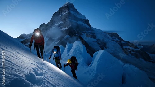 Mountaineers Ascending Snowy Mountain at Night with Headlamps Shining.