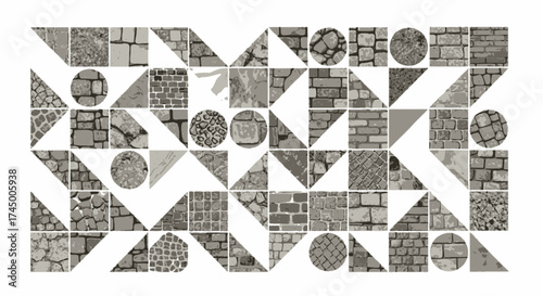 Vector patterns of different geometric shapes and stonework textures, white background