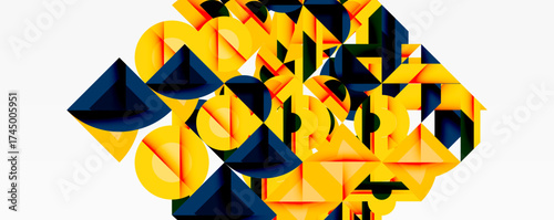 Abstract geometric composition. Bright yellow, dark blue, orange shapes overlap creating complex pattern. Modern digital illustration.