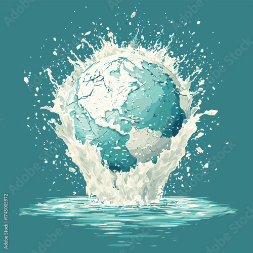 Earth shattering, fragments of broken glass, water pouring out, environmental crisis, ecological disaster. , vector style simple color