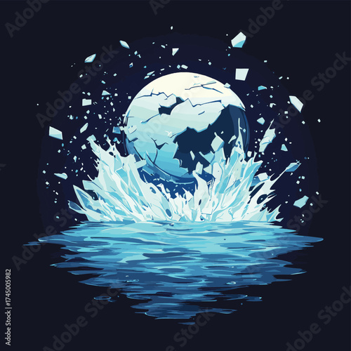 Earth shattering, fragments of broken glass, water pouring out, environmental crisis, ecological disaster. , vector style simple color