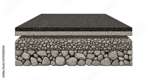Illustration showing a pavement structure with layers of asphalt, gravel and stone, white background