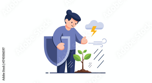 Person holding shield protecting small plant from storm.