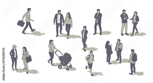Top view vector illustration of people walking and standing in different poses, white background