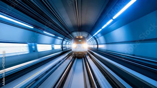 High-speed train traveling through a futuristic-looking blue tunnel with motion blur and visible tracks and overhead lighting