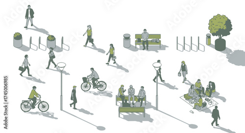 Architectural vector illustration featuring top-down view of people engaged in various activities, white background