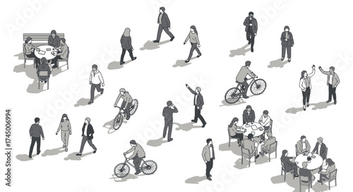 Architectural vector illustration featuring top-down view of people engaged in various activities, white background