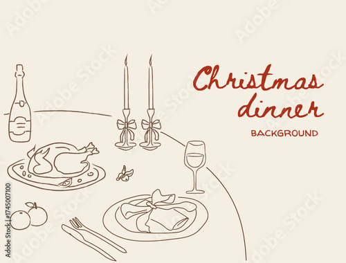 Whimsical doodle Christmas dinner table scene with festive roast turkey, candles, wine, holiday decor. Cozy seasonal illustration for invitations, menus, posters, backgrounds, banner templates. Vector