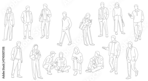 Vector illustration of diverse people outlines in various casual poses, white background