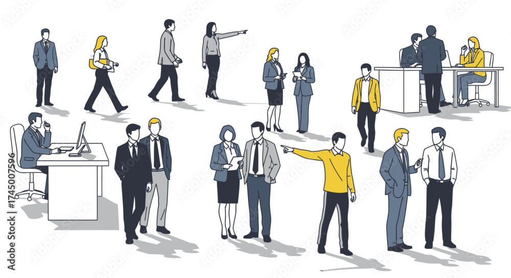 Obraz premium Architectural vector illustration of business people in various poses, white background