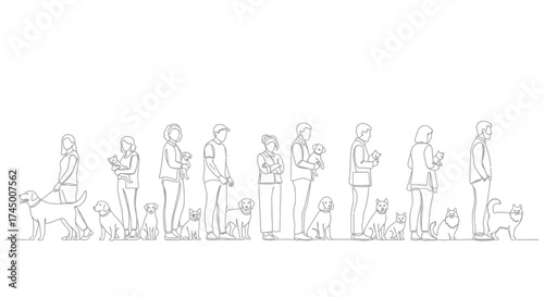 Architectural vector of people and pets in line art style, including dogs and cats, white background