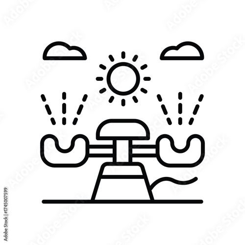 Sprinkler waters under sun  clouds on ground